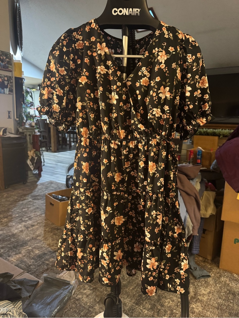 Blush Black Floral Tiered Dress with Peach Blooms